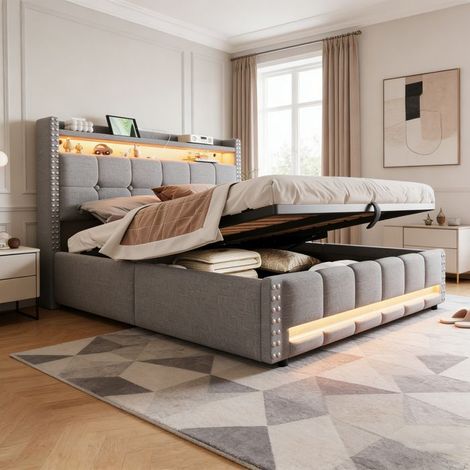Cama 160 x 200 cm, cama 160x200 con somier, cama doble capitoné, cama para 2 personas con somier de listones de madera, lino gris claro