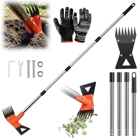 Extracteur de mauvaises herbes - Long manche de 152 cm - Râteau manuel et binette de jardin - Réglable et ergonomique - Pour pelouse, cour, terrasse, jardin (1/5)