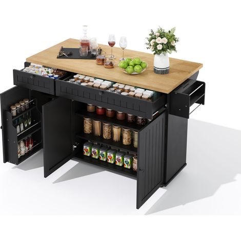 Îlot de cuisine avec plan de travail rabattable, meuble de cuisine sur 6 roulettes verrouillables, avec étagère, rangement de porte, 2 grands tiroirs et armoire, noir, 137 x 89,5 x 45 cm