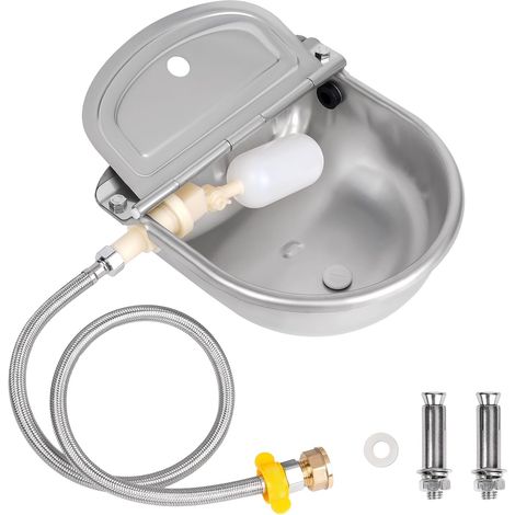 Abreuvoir en Acier Inoxydable avec Bouchon de Vidange, Connecteur, Tuyau Tressé et vis de Montage, Abreuvoir Automatique avec Valve à Flotteur pour Cheval Chien Bétail Chèvre Mouton Cochon (1/5)