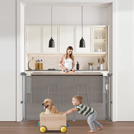 Barrière de Sécurité Extensible Jusqu’à 140 cm Hauteur 87 cm, Barrière Rétractable pour Animaux de Compagnie, Clôtures en Mailles, pour Chiens Couloir Escalier Porte Salle de Jeux, Gris (1/5)