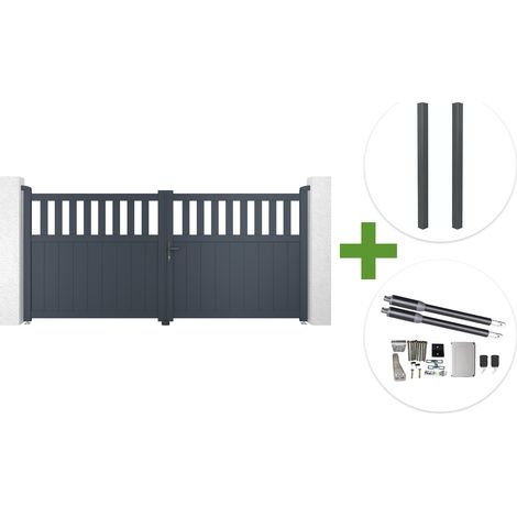 Portail battant 3m SANTIS H.140cm aluminium gris + 2 poteaux ELDA aluminium gris 15x15cm + motorisation Ranger B150 (1/5)