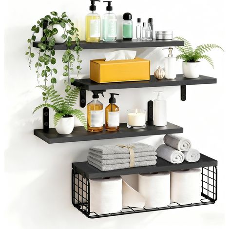Lot de 4 Étagère Murale en Bois 40cm en Bois avec Panier en Métal, Noir Étagère de Salle de Bain pour Salon, Chambre à Coucher, Cuisine, Bureau, Étagères Murales Flottantes de Style Rustique (1/5)