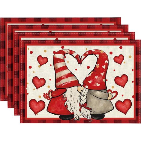 4 manteles individuales, poliéster hilado, bordes dobladillados, diseños de temporada, para el Día de San Valentín, bodas, cumpleaños, cocina (1/5)