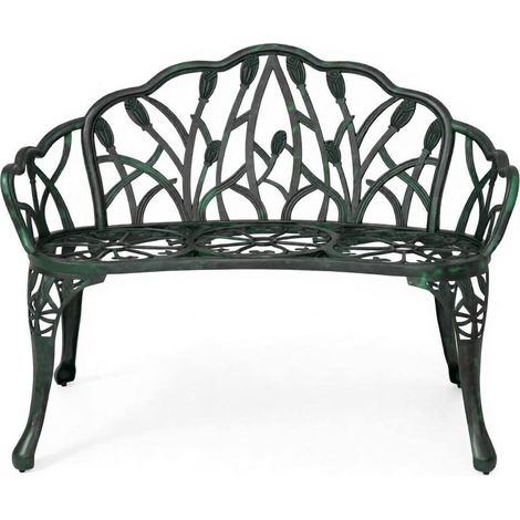 CHICFURN Banco de jardín 99 x 57 x 78 cm en aluminio verde envejecido con respaldo floral (1/5)