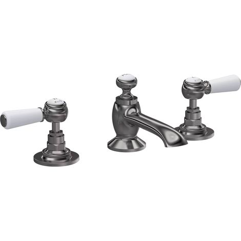 Hudson Reed Topaz 3 Hole Dual Lever Basin Mixer Tap with Pop Up Waste - Brushed Pewter