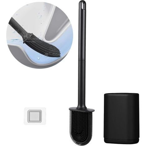 Silikon-Toilettenbürste, flache, flexible Toilettenbürste, Badezimmer-Toilettenbürste mit schnelltrocknendem Behälter, Wandmontage ohne Bohren, schwarze Silikon-Toilettenbürste (1/5)