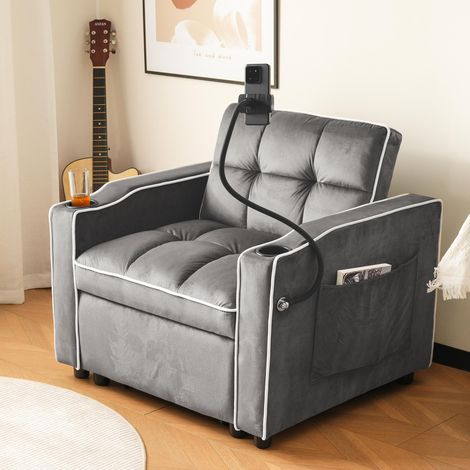 Fauteuil convertible 3 en 1 gris foncé, canapé-lit 1 place en velours avec repose-pieds extensible, fauteuil relax inclinable, porte-gobelets et support téléphone (1/5)