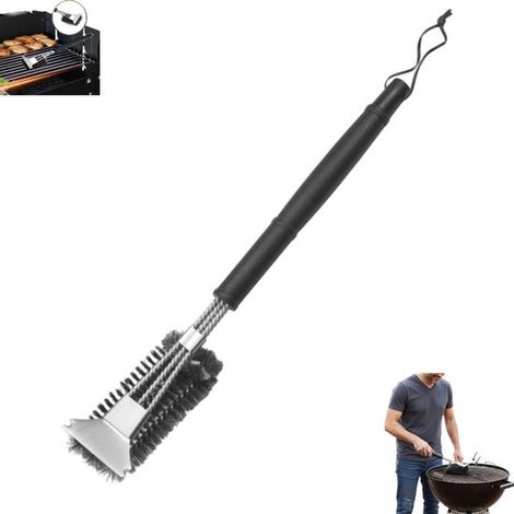 Brosse de barbecue en acier inoxydable - Brosse de barbecue avec grattoir - Noire - Nettoyant universel pour barbecue - Accessoire puissant pour nettoyer la grille du barbecue - Brosse de nettoyage 3 (1/5)