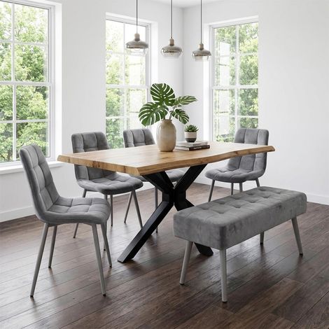 Modern Dining Table Set with 4 Grey Velvet Chairs and Grey Padded Bench Dining Room Furniture (1/5)
