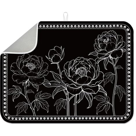 Tapis de séchage floral noir et blanc 45 x 60 cm vintage Line Art pivoine tapis absorbant élégant pivoine serviette de séchage à motif floral tapis absorbant pour comptoir de table, évier (1/5)