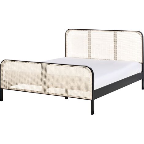 Cama con somier moderna cabecero con trenza vienesa madera de pino negro 160 x 200 cm Gonfaron
