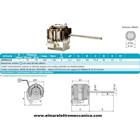 3BTM 35-30-A/2 Motore Monoalbero 6 Velocità 110 W aspiratore Fan Coil