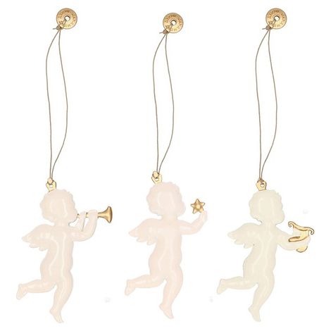 Decorazione per l'albero di Natale 7cm in metallo, appendino natalizio angioletto 3 pezzi color crema