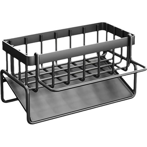 Organisateur d’évier en acier au carbone – Bac à égouttage automatique, porte-éponge & porte-serviettes, gris, 1 pièce (1/4)