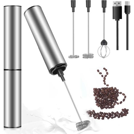 Mousseur à lait électrique en acier inoxydable, mini-mixeur à main 3-en-1, rechargeable par USB, moussage rapide, mousseur à lait portable pour cappuccino/macchiato/boissons chaudes/chocolat/meringue (1/5)