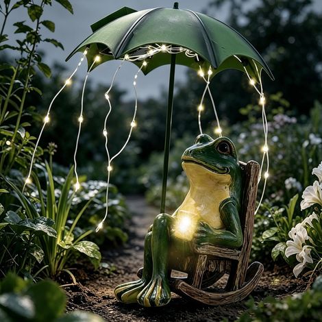 Solar Frosch Statue, Deko Frosch für Draußen aus Kunstharz mit Solar Licht & Regenschirm, IP65 wasserdichte Outdoor Solar Frosch Garten, Frosch Deko Garten für Balkon Rasen Teiche Terrasse (1/5)