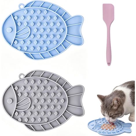 Cat Licking Mat, Anti Glutton Dog, Anti Glutton Cat Mat Set of 2 with Cleaning Squeegee Fish Design and Anti-Glutton Structure Food Silicone 18.5 x 13.7 x 0.2 inches (1/5)