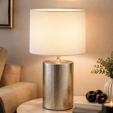 Tischleuchte PRATA Keramikfuß Silber Antik & Stoffschirm Leinen Weiß, Höhe 35cm (1/5)