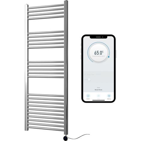 Chrome Electric Smart WiFi Controlled Heated Towel Rail 500mm W x 1600mm H Straight 7 Day Programmable Timer App Compatibility