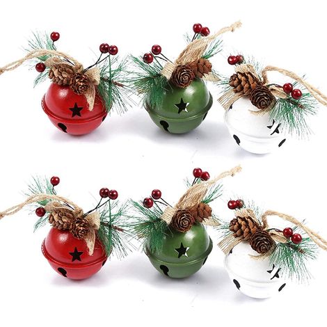 Set mit 6 Weihnachtsglocken mit Tannenzapfen und roten Beeren für Zuhause
