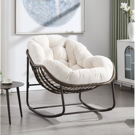 Fauteuil à bascule extérieur 106x90x78 cm acier blanc en résine tressée, pour terrasse – MEUBLIV (1/5)