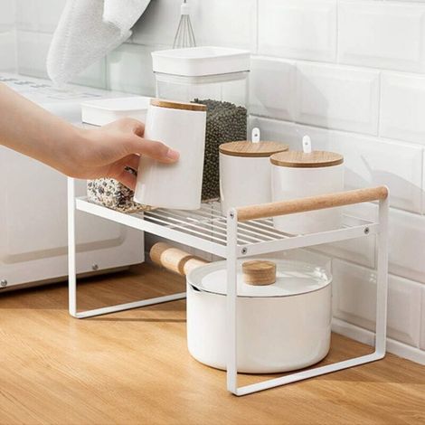 Kitchen Storage Shelf, Corner Cupboard Organizers, Stackable Metal Spice Racks, for Home and Countertop Cabinets, Pantry, Food and Utensils, White (1/5)