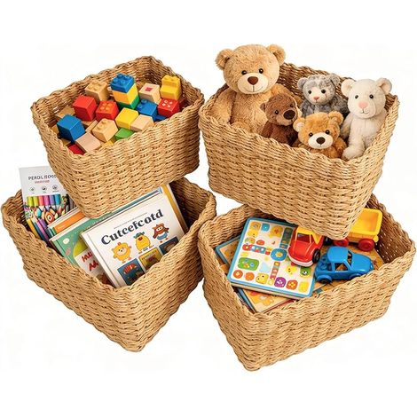 Panier Rangement, Lot de 4 Paniers de Rangement Tressés, Corbeilles Empilables Paniers et Boîtes de Rangements, pour Jouets, CD, Cosmétique, Langes Coton Bébé, Câble de Charge, Décor Maison (1/5)