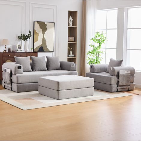 Canapé 4-Sitzer modular aus Cord Hellgrau mit Hocker, Metallgestell, 200x94x67 cm (1/5)