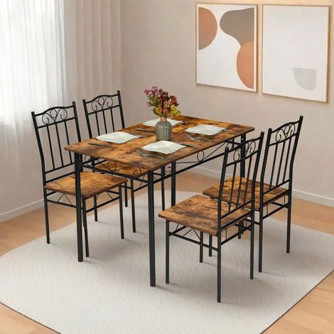 Lot de 5 Meubles, 1 Table à Manger avec 4 Chaises, Table Rectangulaire L109cm avec 4 Sièges en Fer Creux, Structure en Métal et MDF, Style Industriel Brun, pour Cuisine, Jardin (1/5)