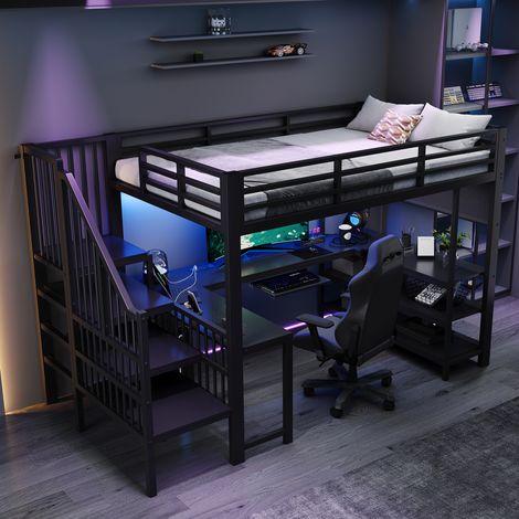 Lit mezzanine gaming 120 x 200 cm avec bureau en U, escalier et LED, métal noir - REDOM (1/5)