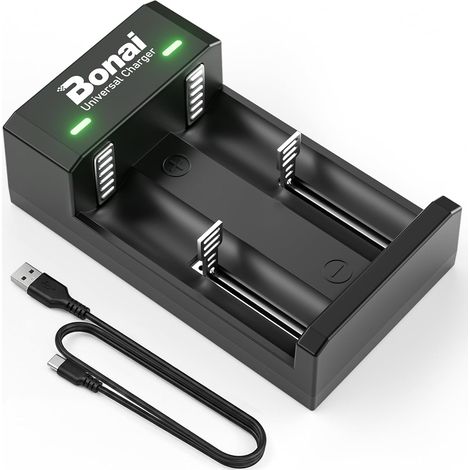 Chargeur de Piles Universel, 2 Slots Chargeur Piles Rechargeable 3.7V Lithium-ION 26650 22650 18650 18490 18350 17670 17500 16340 (CR123 CR2), Chargeur Batteries 1.2V Ni-MH AA AAA (1/5)