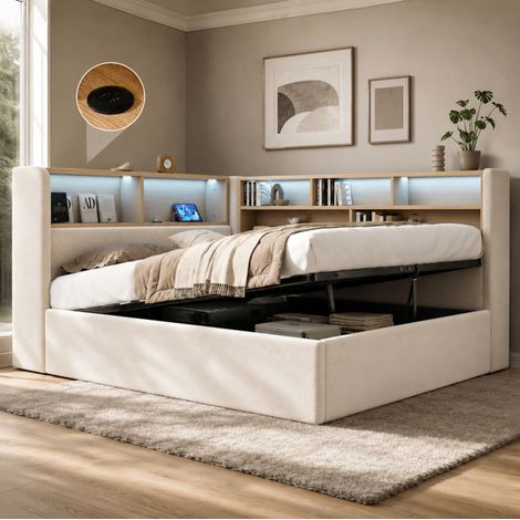 Cama con canapé 140x200 cm de terciopelo beige, ahorra espacio, sin colchón FloraGrace (1/5)