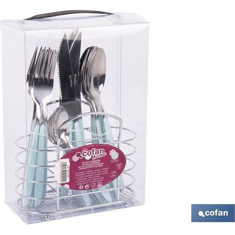 24er-Set Edelstahlbesteck mit funktionalem Design in Blau (inkl. Korb) (1/4)