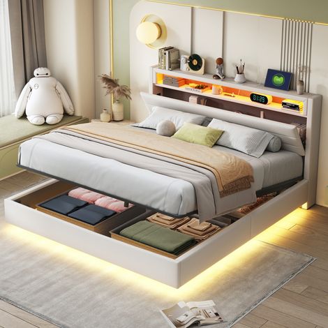 Lit coffre LED 160x200cm - lit double flottant avec sommier à lattes et tête de lit réversible avec prise USB - lin, beige (1/5)