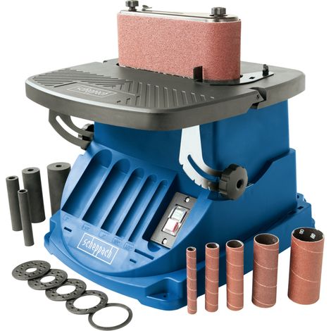 Scheppach Ponceuse oscillante OSM600 - Ponceuse à bande et à broche -450 W - Course d'oscillation 16 mm - 5 manchons abrasifs - Broches Ø13/19/26/38/51 mm - Inclinable à 45°