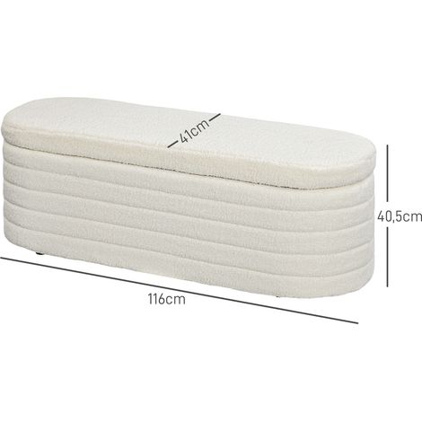 Banc de lit chambre avec rangement, pieds en bois, stabilité renforcée, tissu Teddy moelleux, charge max 120 kg, dimensions 116x41x40,5 cm, blanc crème (1/5)
