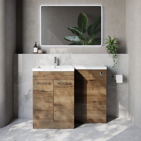 Napoli 460 Tobacco Oak 1100mm 2 Door Vanity Unit Toilet Suite with Left Hand Square Lucia Basin - 1100mm - Chrome 160mm HandleWithout Kingston Toilet Pan