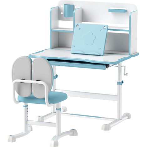 Ensemble Bureau et Chaise pour Enfants Réglables, Bureau Scolaire avec Plateau Inclinable, Tiroir, Étagère, Bleu (1/5)