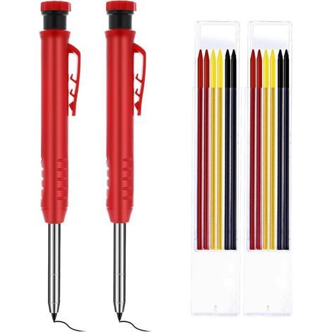Lot de 2 porte-mines charpentier automatiques solides avec recharges crayon pour le dessin, travail du bois plomb, Noir, Jaune, Rouge, 120.280.28cm/4.720.110.11 pouces (1/4)