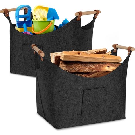 Wolketon Pack de 2 cestas de fieltro para leña con asas de madera, plegables, aprox. 57 L, 45 x 40 x 32 cm, 3 mm, Gris oscuro (1/5)