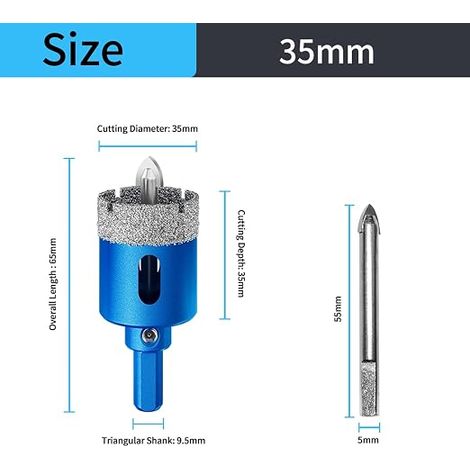 Diamond Hole Saw 35 mm Centering Guide Drill Diamond Drill Bit Tiles Porcelain Glass Marble Ceramic (1/4)