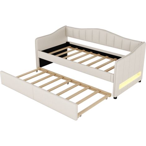 Tagesbett 90 × 200 cm, Einzelbett mit Verstellbarer LED und Ausziehbett, ohne Matratze, aus Leinen und MDF, Beige (1/5)