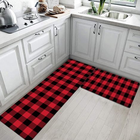 Simple and popular kitchen floor mat, anti-fatigue, made of PVC leather, waterproof and oil-proof, easy to clean - red and black checkered - 4470CM10mm