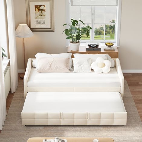 Lit gigogne 90 x 200 cm, Canapé lit gigogne, Extensible, avec dossier et accoudoirs, sommier à Lattes en Bois, Beige, velours