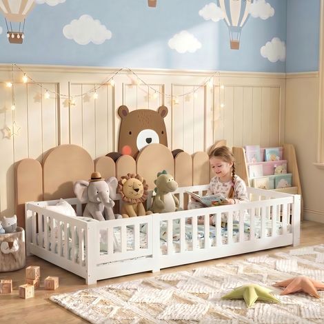 BLANKETSWARM - Lit simple enfant 90x190 cm, Lit au Sol Enfant, Lit Enfant Montessori avec Barrière de Sécurité et Sommier à Lattes, Sommier à lattes pin massif, Blanc (1/5)