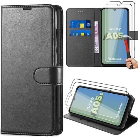 Custodia protettiva per Samsung Galaxy A05s - Antiurto - Pelle sintetica nera - Con scomparto per carte (1/2)