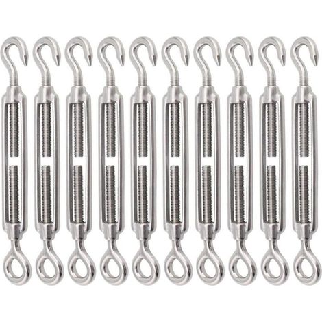 Lot de 10 tendeurs à crochet et œillet en acier inoxydable 304, tendeur robuste M8, matériel réglable pour voile d'ombrage pour serrer les câbles métalliques (1/4)