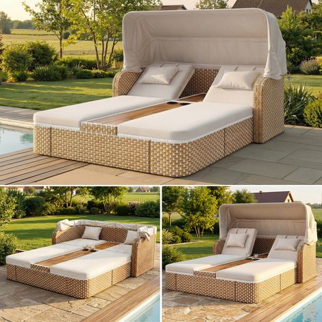 2-Sitzer Relax-Gartenstuhl aus PE-Rattan, Sonnenliege mit Sonnendach, Gartenliege mit 5cm abnehmbarem waschbarem Kissen, Beige