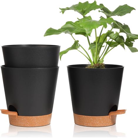 Lot de 3 pots de fleurs en plastique noirs, pots ronds de 16,5 cm avec système d'arrosage, pour l'intérieur et l'extérieur, décoration pour la maison et le bureau (1/5)